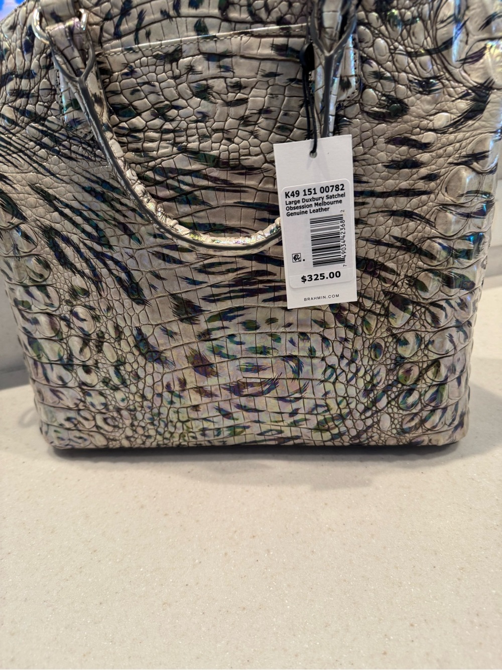Brahmin Iridescent Croc-Embossed Large Satchel - Pearl Green Sheen